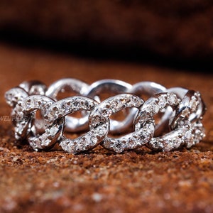 Cuban Link Solid Gold Ring Moissanite Cuban Band Handmade Chain Link Ring Stacking Ring Pave Link Ring Dainty Chain Wedding Ring for Women