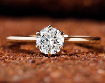 0.5 CT Round Moissanite Solitaire Engagement Ring 6 Prong 14K Yellow Gold Classic Timeless Bridal Ring Anniversary Gift Her