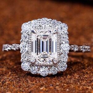 1.50 CT Emerald Cut Moissanite Engagement Ring Unique Halo Diamond Wedding Ring 14K Solid Gold Half Eternity Ring Promise Ring for Women