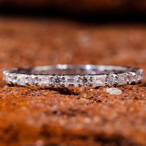 Baguette and Round Colorless Moissanite Wedding Band Full Eternity Band 14K Yellow Gold Band Minimalist Stackable Band Anniversary Gift