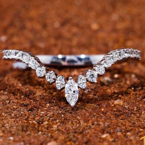 Curved Wedding Band Women Vintage White Gold Marquise Cut Diamond Band Moissanite Wedding Band Marquise Shaped Bridal Stacking Promise Gift