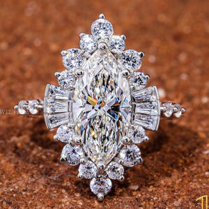 Marquise Lab Grown Diamond Engagement Ring Certified Diamond Wedding Ring 14K Solid Gold Cluster Halo Ring Vintage Style Anniversary Ring