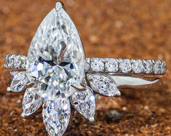 2.5 CT Pear Moissanite Engagement Ring Solid White Gold Marquise Fan Floral Band Unique Curved Bridal Wedding Set Ring Her
