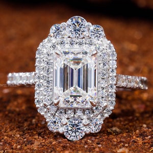 1.5 CT Emerald Cut Double Halo Moissanite Engagement Ring Classic Traditional Bridal Wedding Ring 14K Solid Rose Gold Emerald Promise Ring
