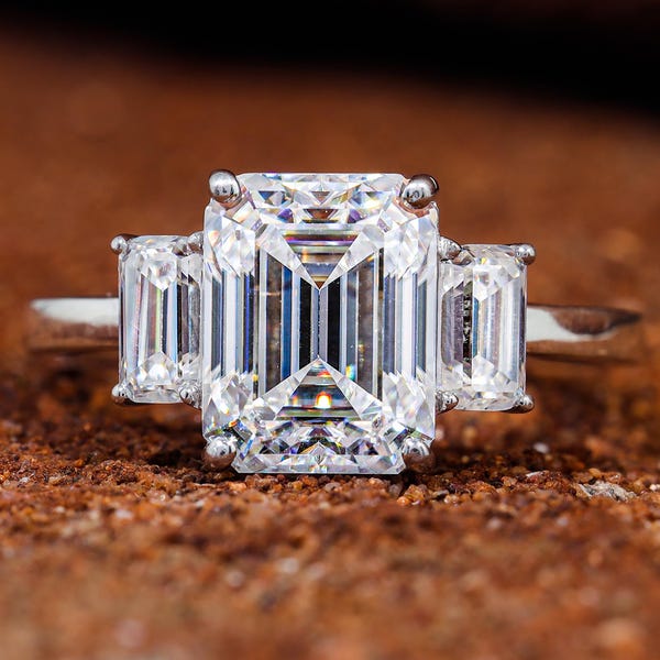 Emerald Cut Three Stone Moissanite Engagement Ring 2.5 CT 14K White Gold Matching Side Stones Bold Architectural Modern Unique Bridal Ring