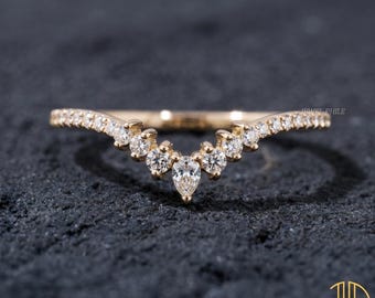 Pear Moissanite Diamond Crown Wedding Band Chevron Solid Rose Gold Pave Curved Nesting Bridal Anniversary Ring
