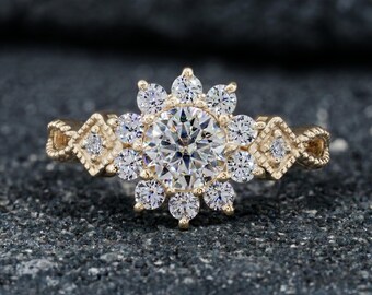 Round Moissanite Floral Halo Ring Art Deco Milgrain Band Solid White Gold Vintage Bold Statement Bridal Anniversary Ring