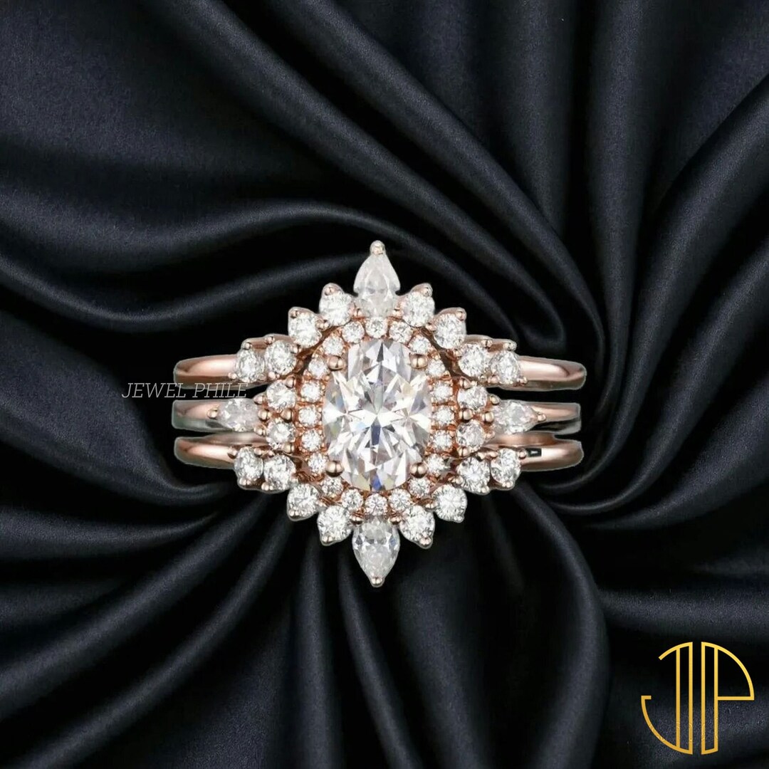 Oval Moissanite Engagement Ring Set Solid 14K Yellow Gold Vintage ...