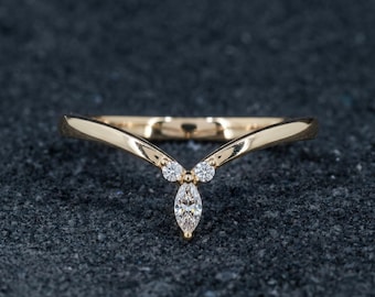 Marquise Moissanite Krone Ehering Drei Stein Solid Gold Vintage Gebogener Nesting BrautEnhancer Ring Chevron Stacking Ring für Sie