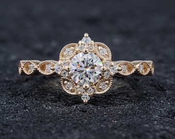 Round Moissanite Vintage Floral Halo Ring Art Deco Milgrain Band Solid White Gold Antique Unique Bridal Anniversary Gift
