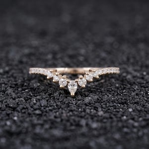 Moissanite Pear Tiara Chevron Wedding Band 14K Yellow Gold V-Shape Crown Nesting Pave Accent Anniversary Bridal Promise  Ring for Women