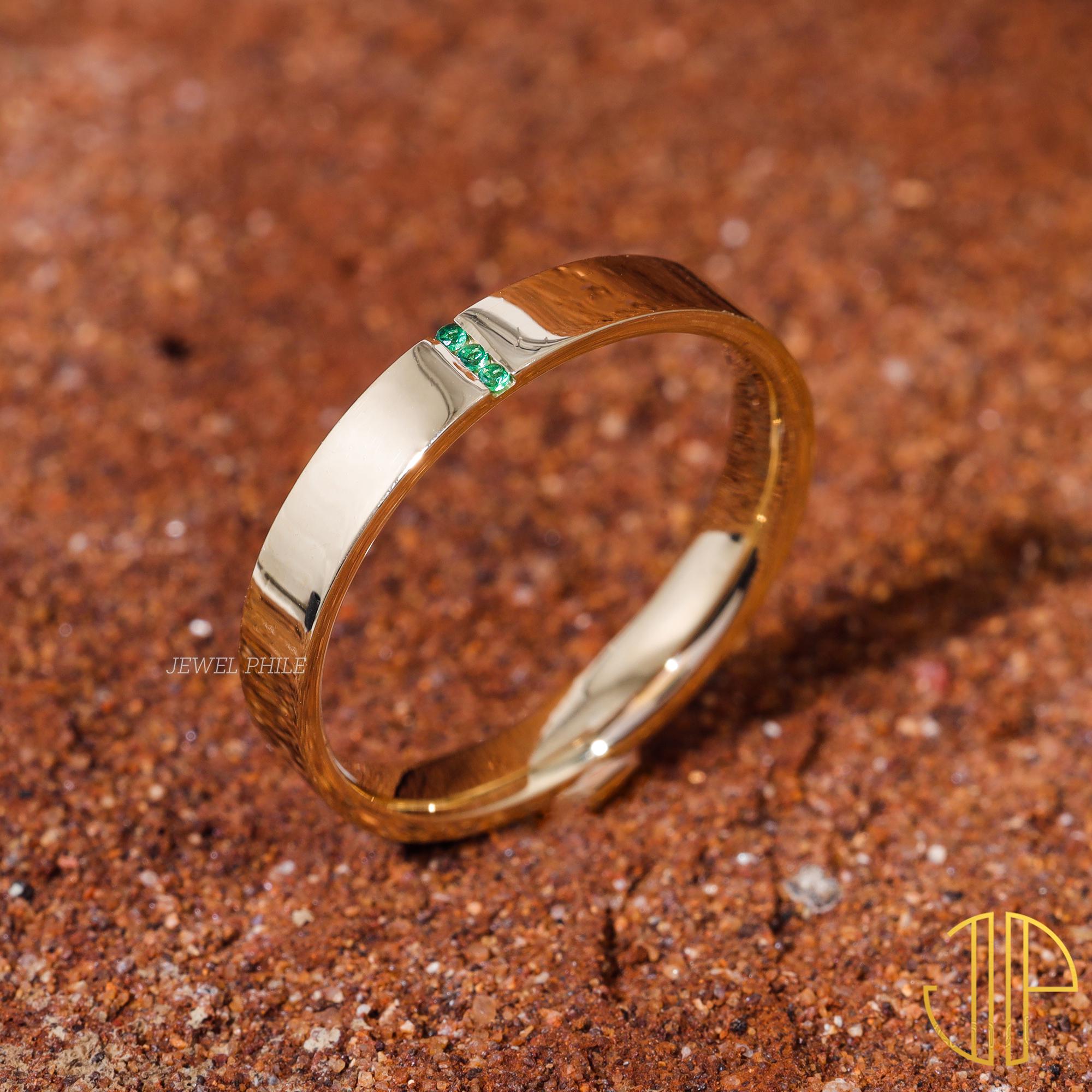 Bague De Fiançailles Homme - Or Jaune 14 Carats - Émeraude 3ct Cultivée En Labo - DOD
