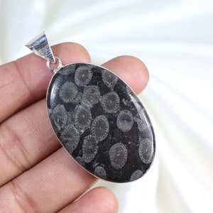 Black Fossil Pendant, Sterling Silver Pendant, Fossil Coral Pendant, Bezel Pendant, Fossil Jewelry, Natural Fossil Gemstone Pendant For Girl