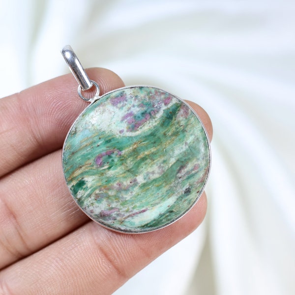 Top Ruby Fuchsite Pendant, Sterling Silver Pendant, Bezel Pendant, AAA Ruby In Fuchsite Cabs Pendant, Round Pendant, Handmade Pendant Gifts