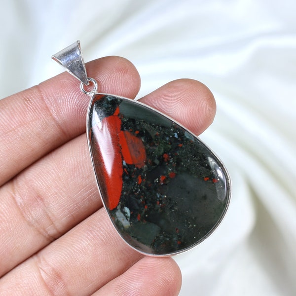 Rare Natural African Bloodstone Cabochon Pendant, Sterling Silver Pendant, Boho Pendant, Pear Shape Pendant, AAA Crystal Bloodstone Necklace