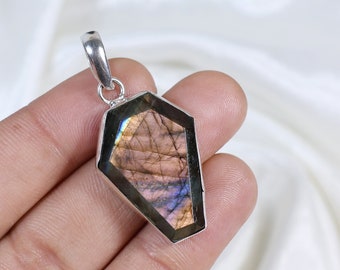 Purple Labradorite Gemstone Pendant, Sterling Silver Pendant, Coffin Pendant, Natural Labradorite Pendant, Boho Pendant, Anniversary Gifts