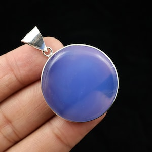 Pendentif calcédoine bleue en argent sterling pendentif rond calcédoine bleue naturelle pendentif en pierres précieuses pendentif lunette pendentif calcédoine cadeau bijoux