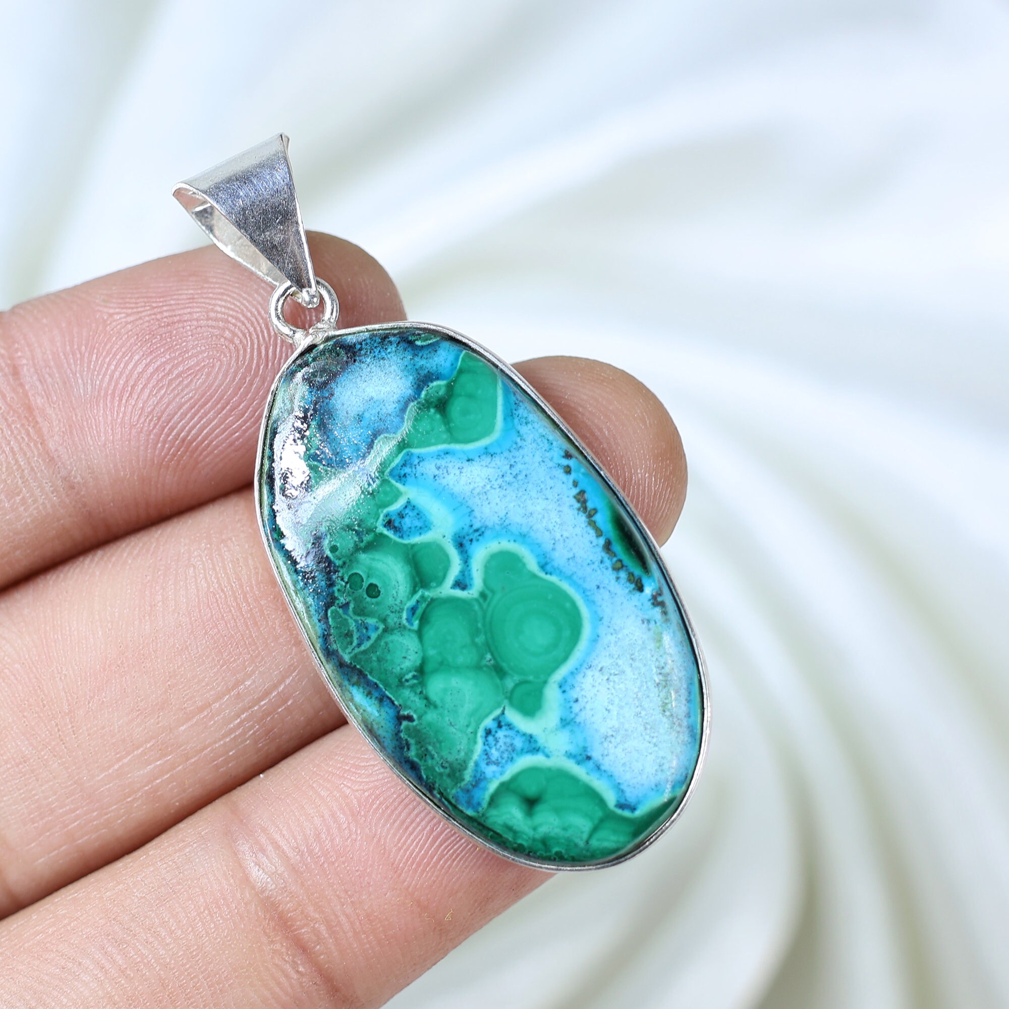 Natural Malachite Gemstone Pendant, Silver Bezel Pendant, Rare Malachite Chrysocolla Pendant, Sterling Necklace Jewelry, Anniversary Gifts