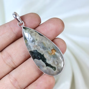 Ocean Jasper Pendant Sterling Silver Pendant Narrow Bails Pendant Long Pear Pendant Green Ocean Jasper Gemstone Pendant Ocean Jasper Jewelry