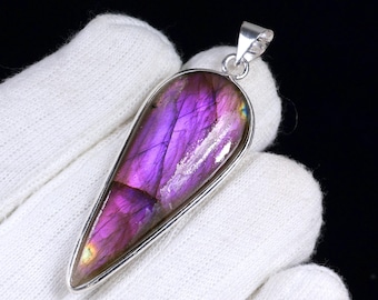 100% Natural Purple Labradorite Pendant, Long Pear Pendant-Labradorite Jewelry, Sterling Silver Pendant-Necklace Birthday Jewelry