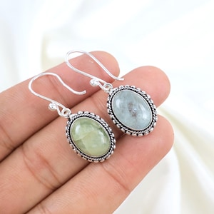 Pendientes de aguamarina, pendientes colgantes ovalados, pendientes de plata de ley, pendientes de gancho vintage, joyería de pendientes de piedra preciosa aguamarina azul verdosa