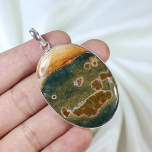 Ocean Jasper Gemstone Pendant, Sterling Silver Pendant, Large Oval Pendant, Narrow Bails Pendant Green Ocean Jasper Pendant Jewelry Necklace