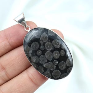 Black Fossil Pendant, Sterling Silver Pendant, Natural Fossil Coral Pendant, Fossil Gemstone Pendant, Handmade Pendant, Bezel Necklace Gifts