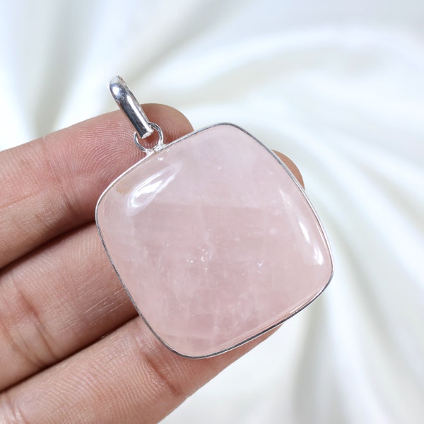 Amazing Rose Quartz Cabochon Pendant, Baguette Pendant, Silver Sterling Pendant, Baguette Rose Quartz Necklace, Silver Bezel Pendant Jewelry