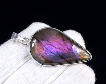 Purple Flash Labradorite Pendant, Sterling Silver Pendant-Pear Shape Fire Purple-Labradorite Gemstone Necklace, Boho Necklaces for Women