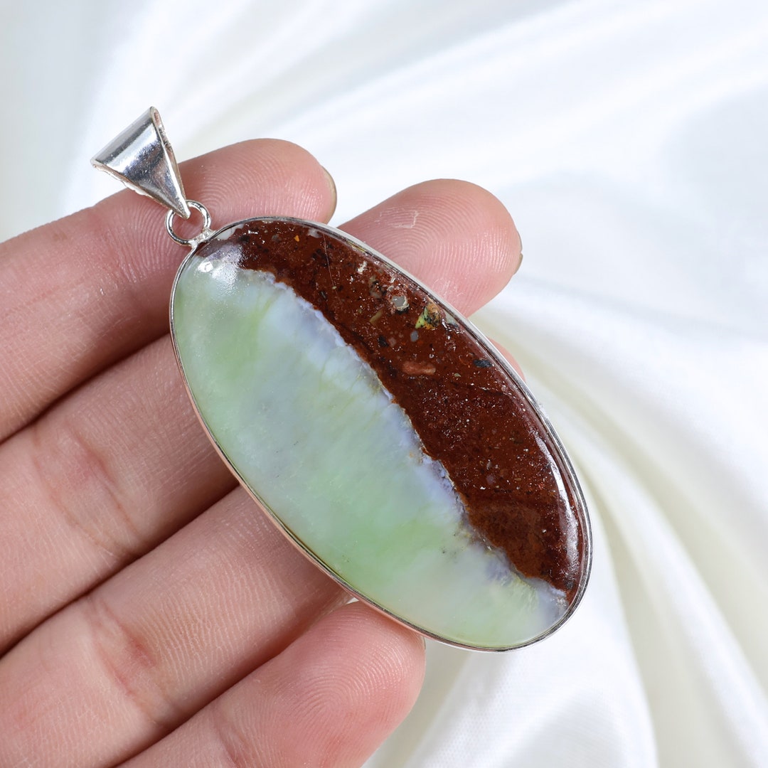 AAA Rare Bio Chrysoprase Cabochon Pendant, Sterling Silver Pendant ...