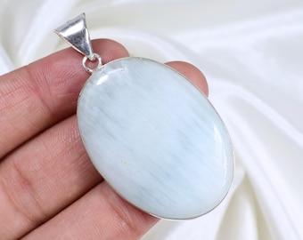Blue Aragonite Pendant, Sterling Silver Pendant, Bezel Pendant, Oval Shape pendant, Crystal Aragonite Cabochon Pendant, Loop Necklace Gifts