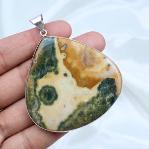 Ocean Jasper Gemstone Pendant, Sterling Silver Pendant, Big Pear Ocean Jasper Pendant, Bezel Pendant, Green Ocean Jasper Necklace Jewelry