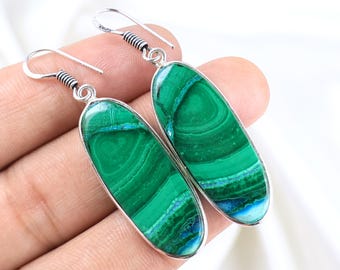 Malachite Gemstone Earring, Oval Malachite Chrsyocolla Earring, Sterling Silver Earring Bezel Earring Matched Pair Malachite Earring Jewelry
