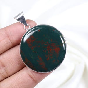 Green Bloodstone Gemstone Pendant Sterling Silver Pendant Round Pendant Natural Bloodstone Pendant Bezel Pendant Bloodstone Jewelry For Girl