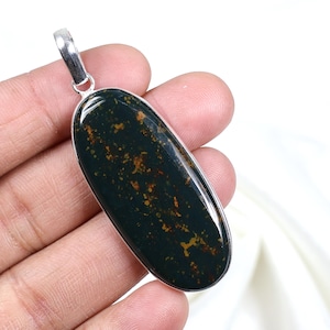 Natural Bloodstone Gemstone Pendant Sterling Silver Pendant Long Oval Bloodstone Pendant Bezel Pendant Bloodstone Jasper Jewelry Necklace
