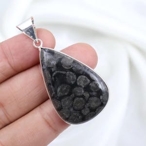 Black Fossil Gemstone Pendant, Sterling Silver Pendant, Pear Shape Pendant, Fossil Gemstone Jewelry, Fossil Pendant, Bezel Pendant Jewelry