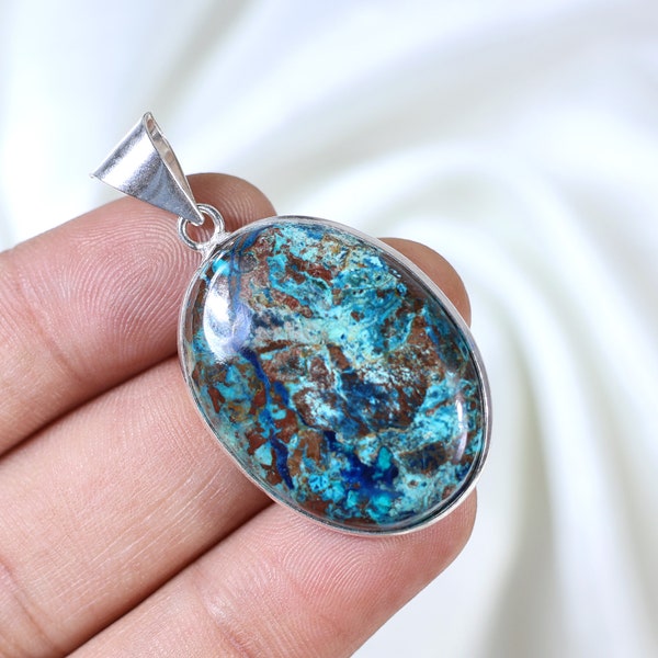Fabulous Natural Azurite Cabs Pendant, Bezel Sterling Silver Pendant, Crystal Pendant, Top Rare Chrysocola Necklace, Silver Necklace Jewelry