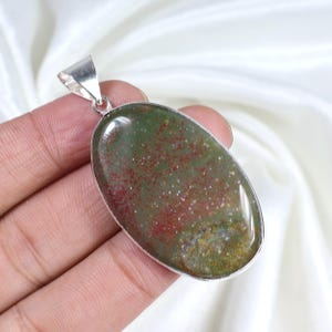 Bloodstone Pendant Sterling Silver Pendant Bezel Pendant Oval Bloodstone Gemstone Pendant Green Bloodstone Jewelry Loop Pendant Necklace