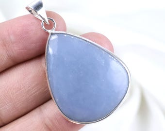 Angelit Anhänger, Sterling Silber Anhänger, Birne Form Anhänger, Birne Angelit Edelstein Anhänger, Lünette Anhänger, Blau Angelit Halskette Geschenk