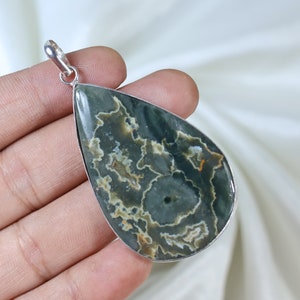 Green Ocean Jasper Gemstone Pendant, Sterling Silver Pendant Pear Shape Pendant Ocean Jasper Jewelry Pear Ocean Jasper Pendant Girls Pendant