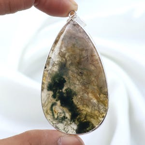 Yellow Moss Agate Pendant Sterling Silver Pendant Large Pear Moss Agate Gemstone Pendant Bezel Pendant Green Moss Agate Jewelry Gift For Her