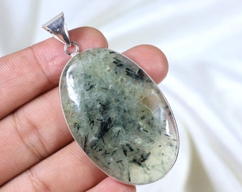 Natural Prehnite Gemstone Pendant, Sterling Silver Pendant, Bezel Pendant, Oval Shape Prehnite Pendant, Crystal Necklace, Boho Pendant Gifts