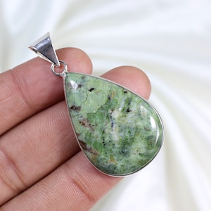 Chrome Chalcedony Pendant, Sterling Silver Pendant Jewelry, Pear Chalcedony Gemstone Pendant, Natural Green Chalcedony Necklace Gift For Her