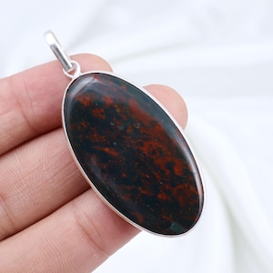 Bloodstone Pendant Sterling Silver Pendant Natural Red Bloodstone Gemstone Pendant Handmade Pendant Oval Pendant Bloodstone Jewelry Gift