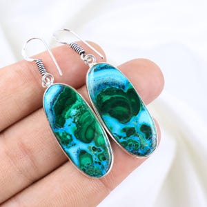 Malachite Earrings, Oval Stone Earring, Sterling Silver Earring, Malachite Chrsyocolla Earring, Malachite Gemstone Pair Earring Gift For Mom