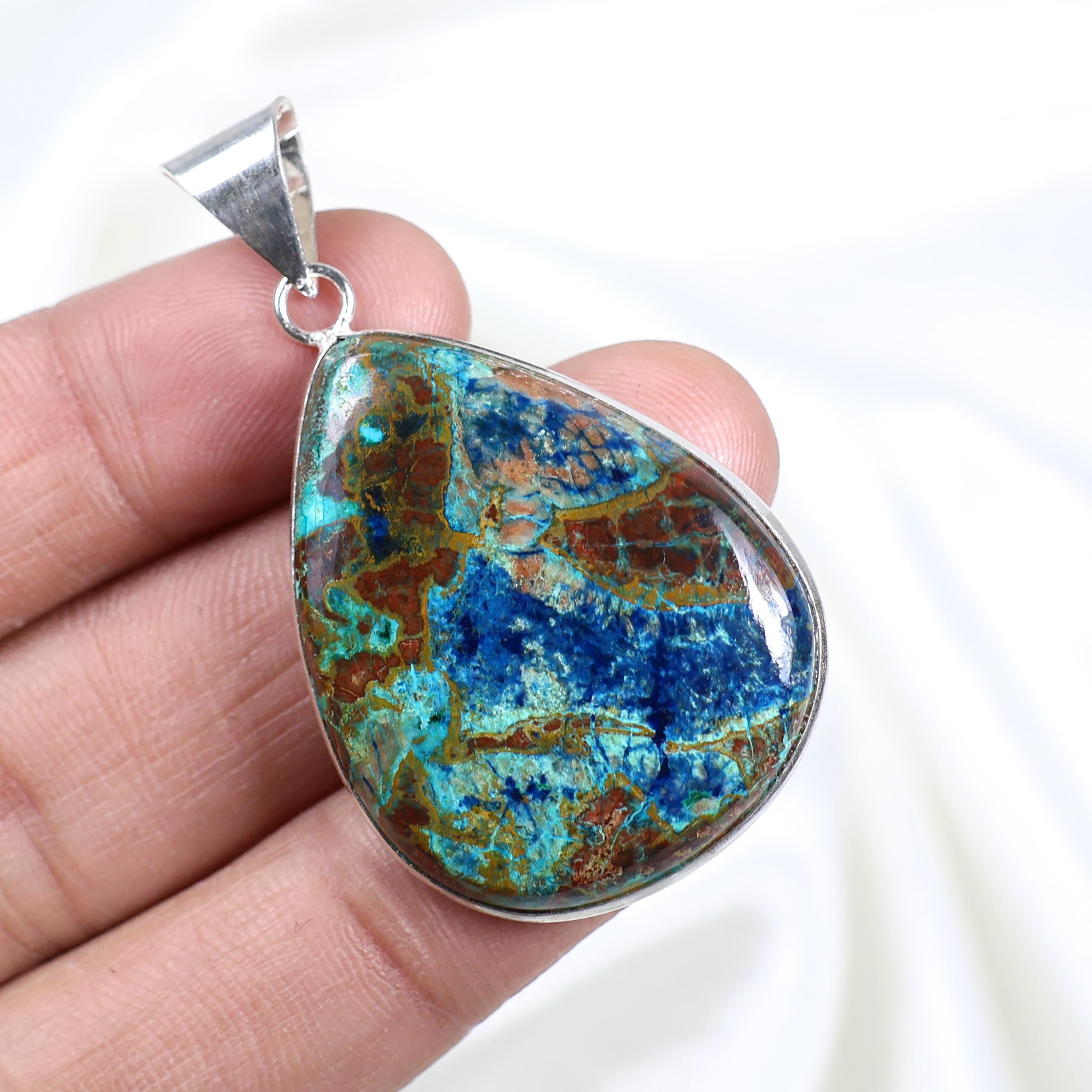 Ciondolo Artigianale In Argento 925 Con Shattuckite Divina, Pietra Blu Ovale, Fatto A Mano India