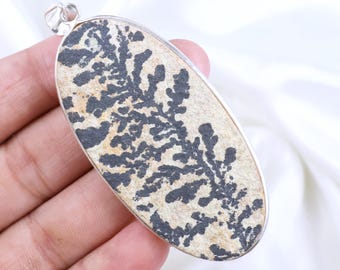 Psilomelane Dendrite Gemstone Pendant, Sterling Silver Pendant, Big Oval Pendant, Natural Psilomelane Pendant, Dendritic Pendant Jewelry