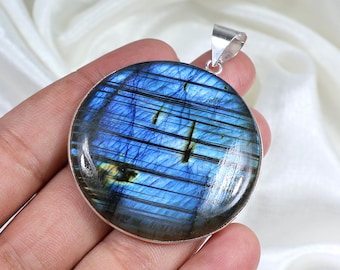 Blau Labradorit Sterling Silber Anhänger: Runde Edelstein Lünette Halsketten ,, Labradorit Cabochon Anhänger Schmuck Geschenke für sie