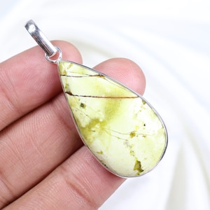 Green Opal Gemstone Pendant Sterling Silver Pendant Bezel Pendant Pear Shape Lizardite Pendant Green Opal Pendant Narrow Bails Pendant Gift