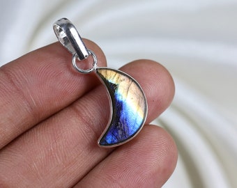 Natural Multi Labradroite Moon Pendant, Silver Pendant, Tiny Pendant, Bezel Necklace Jewelry, Crescent Labradorite Pendant, Anniversary Gift